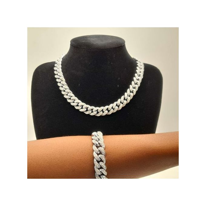 silver Cuban Necklace And Hand Chain.